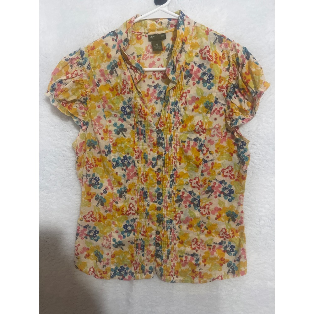 Fei Floral Print Top Women's Size 12 Short Sleeve‎ Pleated Blouse Casual